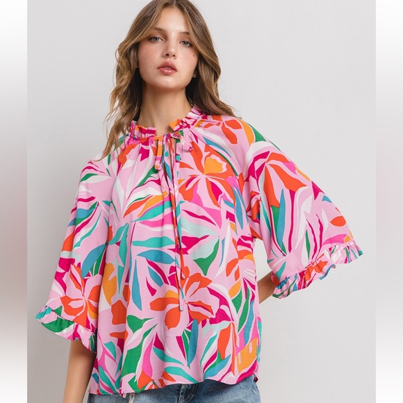 ShopEvelynne Tops - 15 Boho Floral Print Wide Sleeve Blouse Top